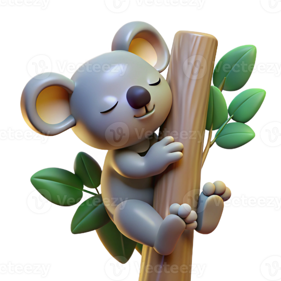 dramatic traditional A sleepy koala clinging to a eucalyptus tree, illuminated by dappled sunlight, in a charming, cartoonish style original png