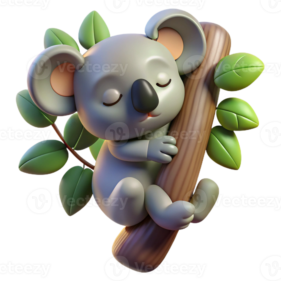extraordinary rustic A sleepy koala clinging to a eucalyptus tree, illuminated by dappled sunlight, in a charming, cartoonish style 4K png