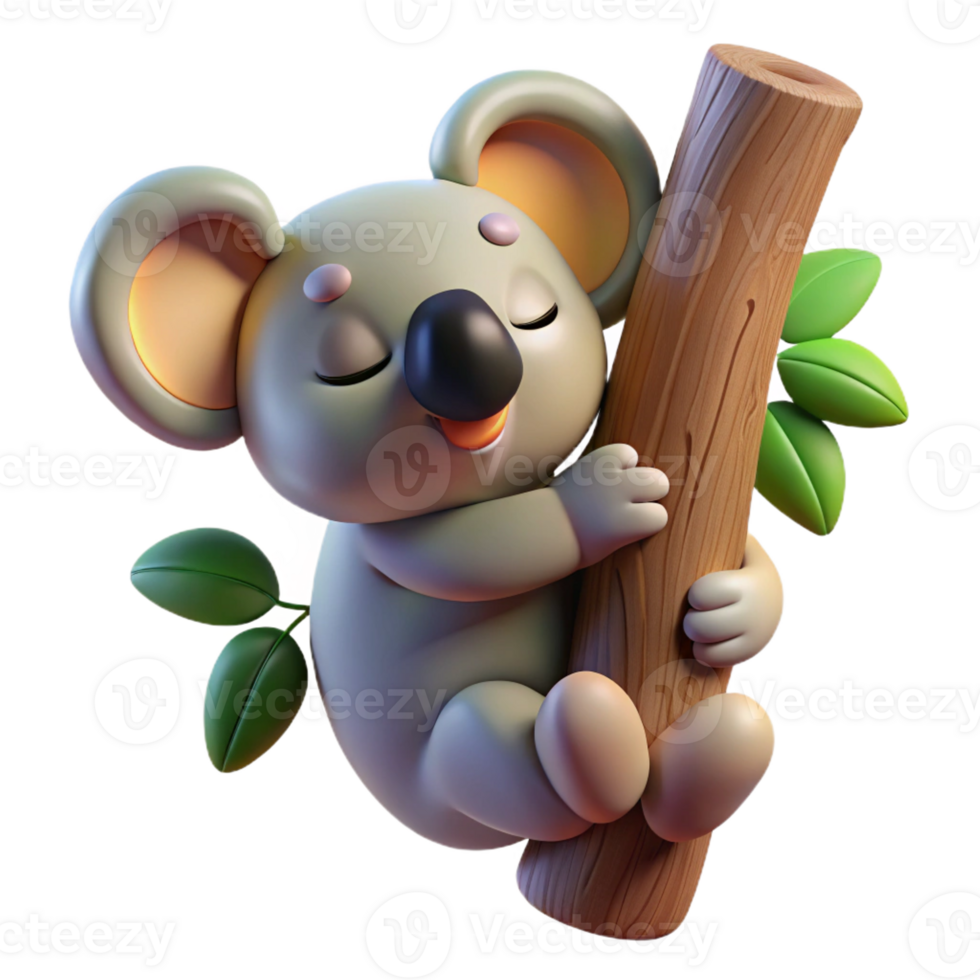 dramatic vintage A sleepy koala clinging to a eucalyptus tree, illuminated by dappled sunlight, in a charming, cartoonish style premium png