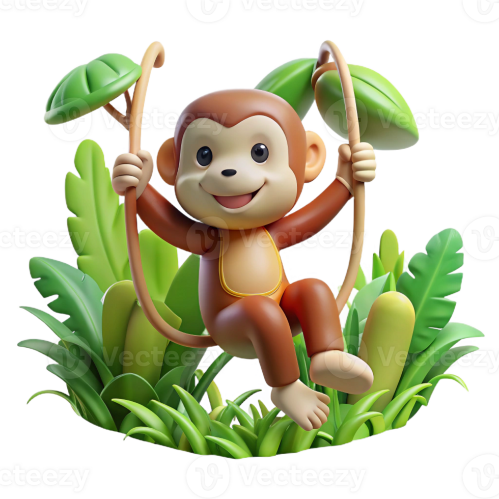wonderful abstract A playful monkey swinging through the jungle vines, surrounded by lush vegetation, in a dynamic, cartoonish style authentic png