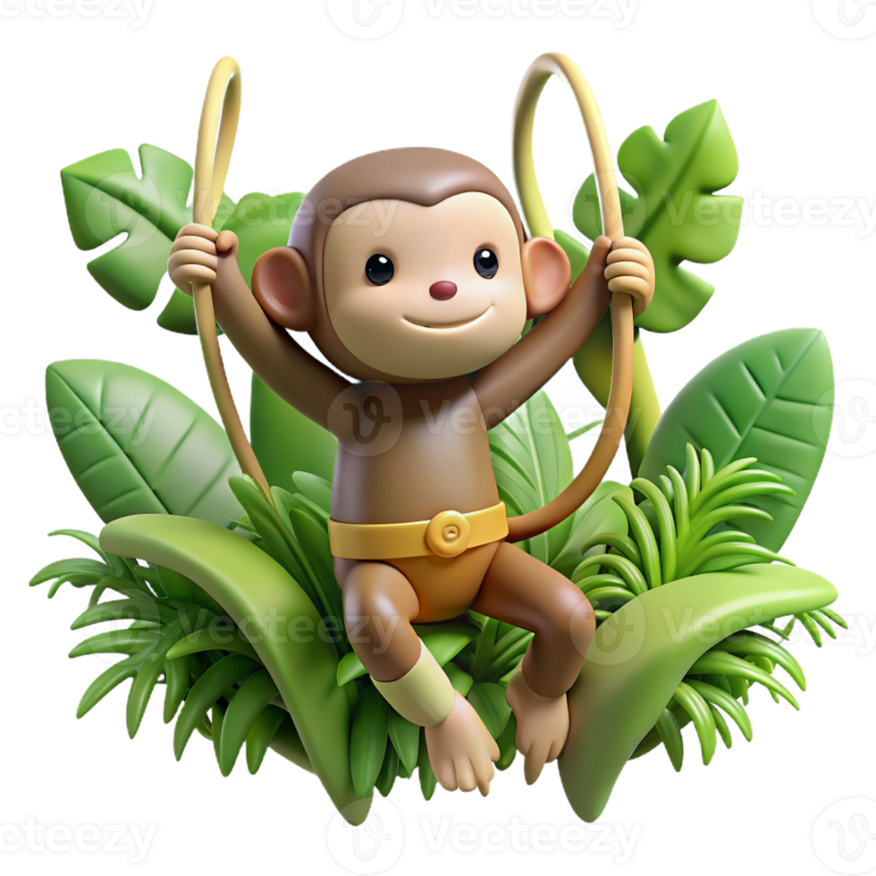 impressive artistic A playful monkey swinging through the jungle vines, surrounded by lush vegetation, in a dynamic, cartoonish style professional png