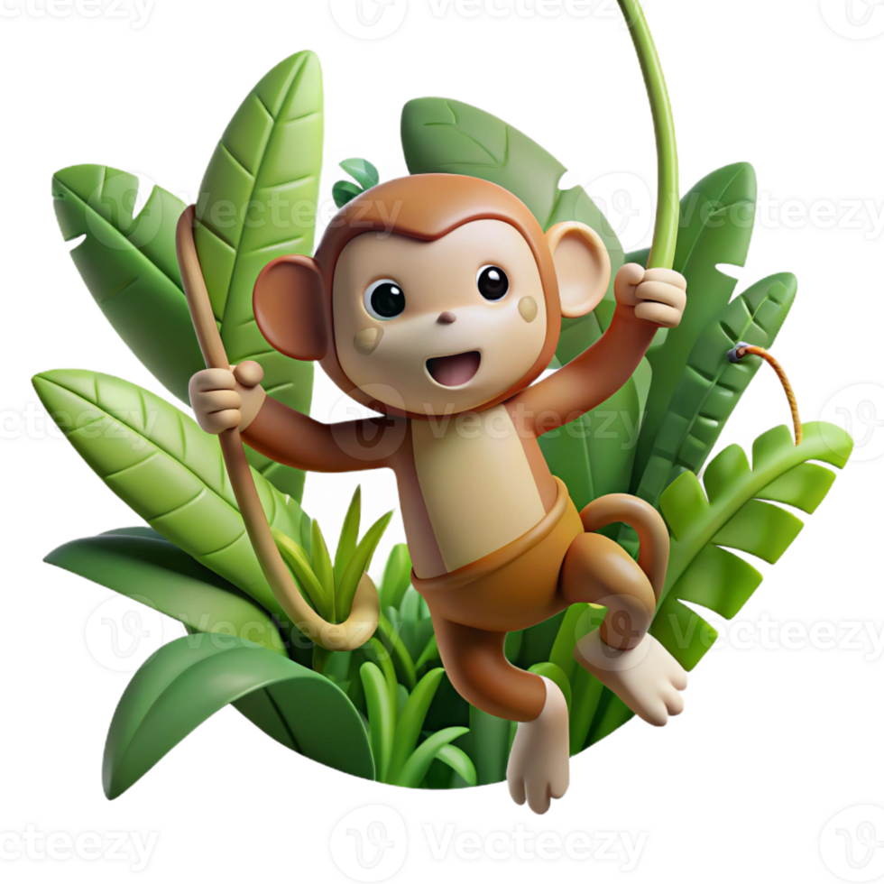 stunning artistic A playful monkey swinging through the jungle vines, surrounded by lush vegetation, in a dynamic, cartoonish style exclusive png