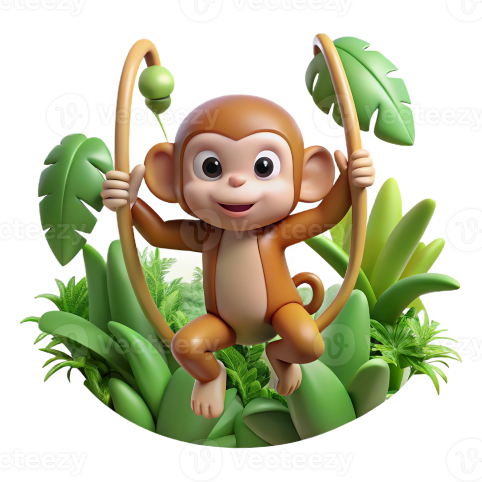 vibrant abstract A playful monkey swinging through the jungle vines, surrounded by lush vegetation, in a dynamic, cartoonish style premium png