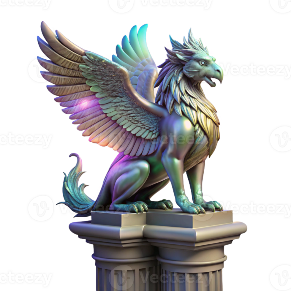 impressive modern A majestic griffin with iridescent feathers, perched atop a crumbling marble pillar, lit by a dramatic chiaroscuro, in the style of a Baroque painting original png