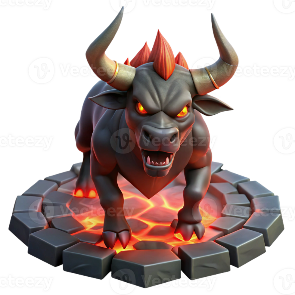 serene creative A fierce Minotaur with glowing red eyes, charging through a labyrinth of obsidian, dramatic backlighting, dark fantasy art style premium png