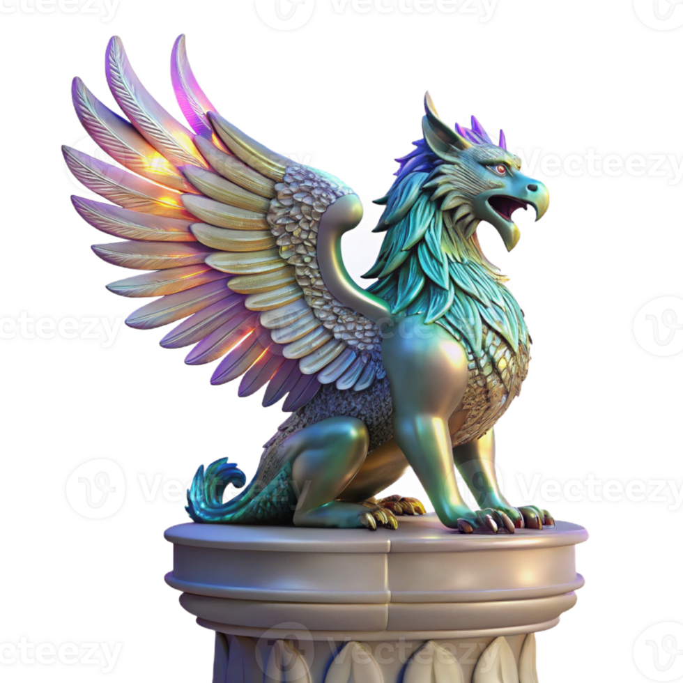 stunning rustic A majestic griffin with iridescent feathers, perched atop a crumbling marble pillar, lit by a dramatic chiaroscuro, in the style of a Baroque painting professional png
