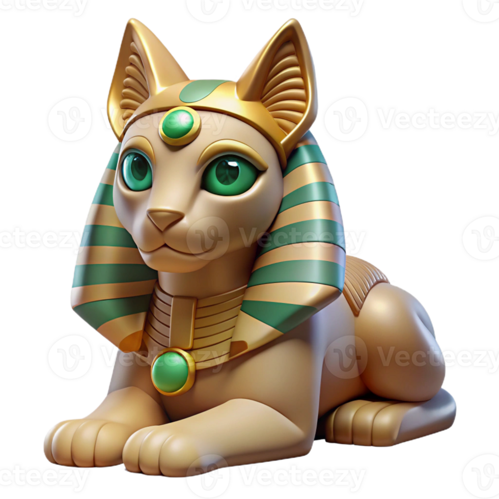 elegant artistic A wise Sphinx with eyes of emerald, posing a riddle in the desert sands, midday sun, ancient Egyptian art style premium png