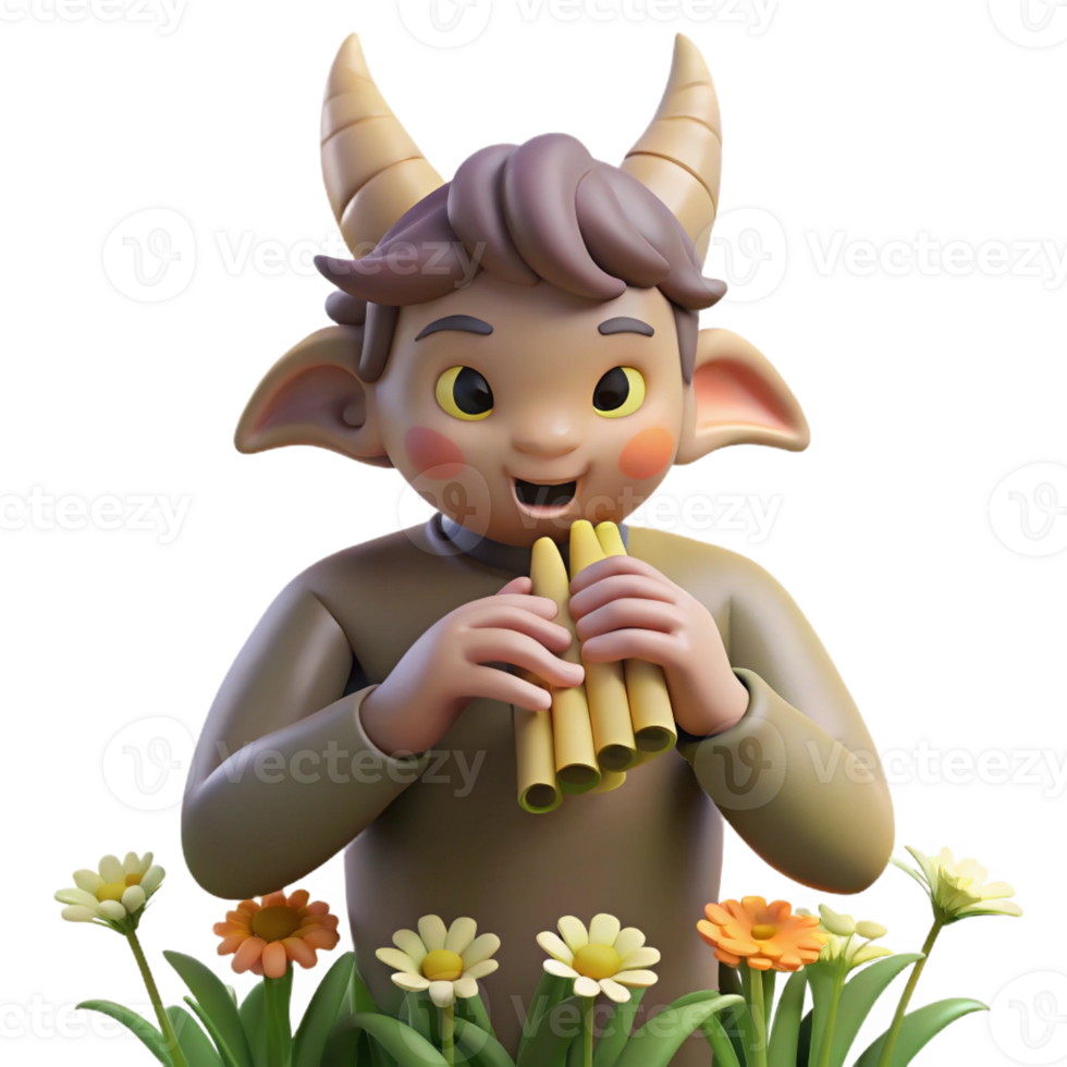 elegant vintage A playful satyr with a mischievous grin, playing a pan flute amongst blooming wildflowers, dappled sunlight, Impressionist style exclusive png