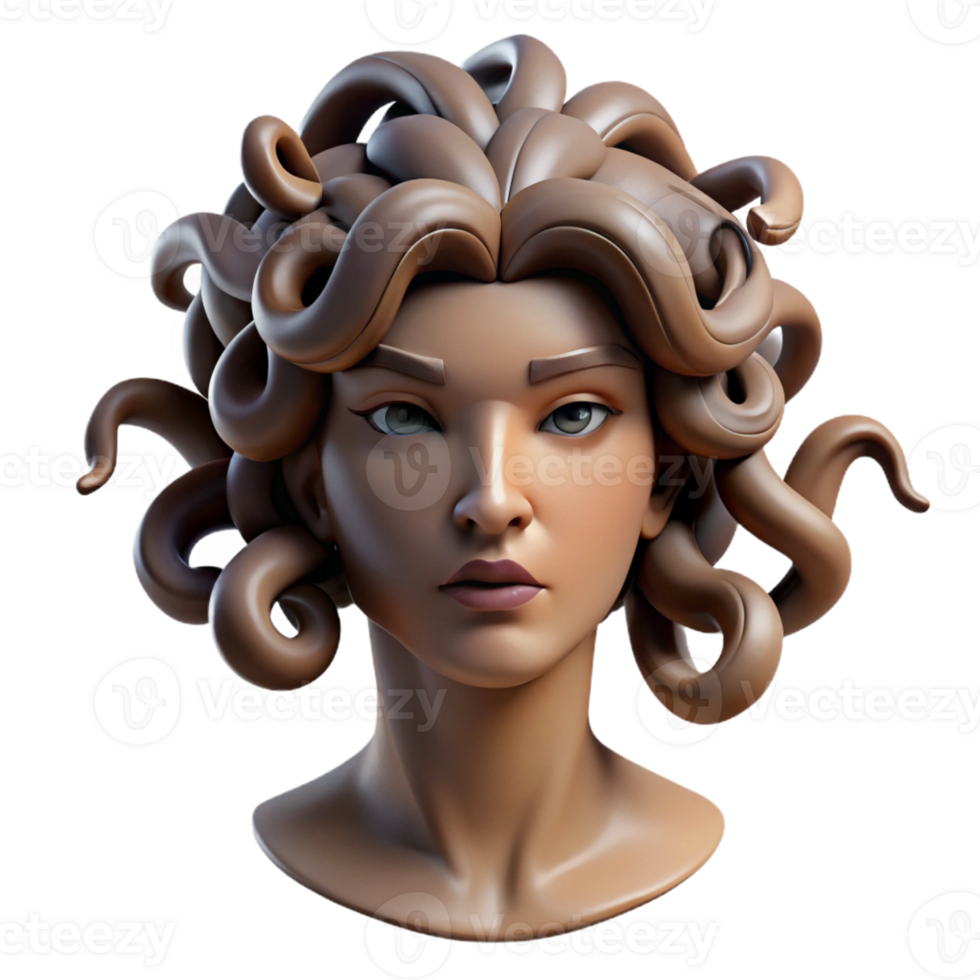 beautiful traditional A stoic Medusa with snakes for hair made of polished bronze, gazing into the distance, dramatic spotlighting, neoclassical sculpture style detailed png