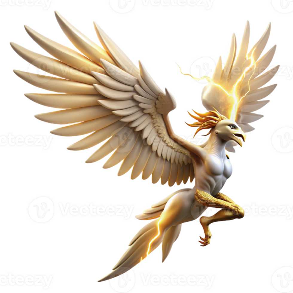 beautiful vintage A graceful Harpy with feathers of pure gold, soaring through a stormy sky, lightning illumination, Art Deco style premium png