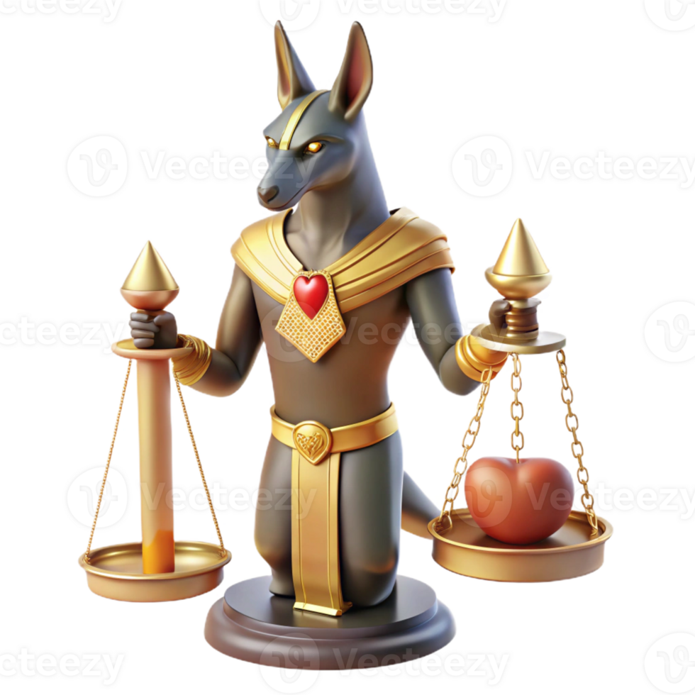 extraordinary vintage A benevolent Anubis with a jackal head, weighing a human heart on a golden scale, soft ethereal lighting, ancient Egyptian tomb painting style professional png
