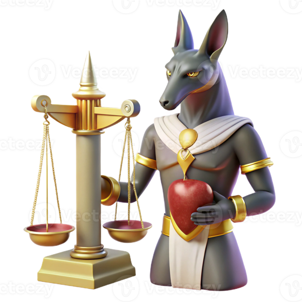 extraordinary traditional A benevolent Anubis with a jackal head, weighing a human heart on a golden scale, soft ethereal lighting, ancient Egyptian tomb painting style detailed png