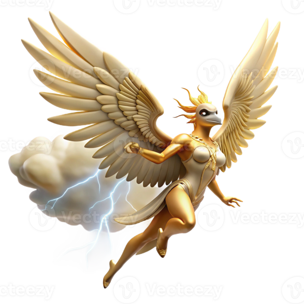 magnificent contemporary A graceful Harpy with feathers of pure gold, soaring through a stormy sky, lightning illumination, Art Deco style detailed png