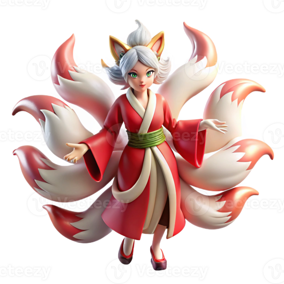 dramatic minimalist A mischievous Kitsune with nine tails of flowing silk, transforming into a beautiful woman, moonlight, ukiyo-e style high resolution png