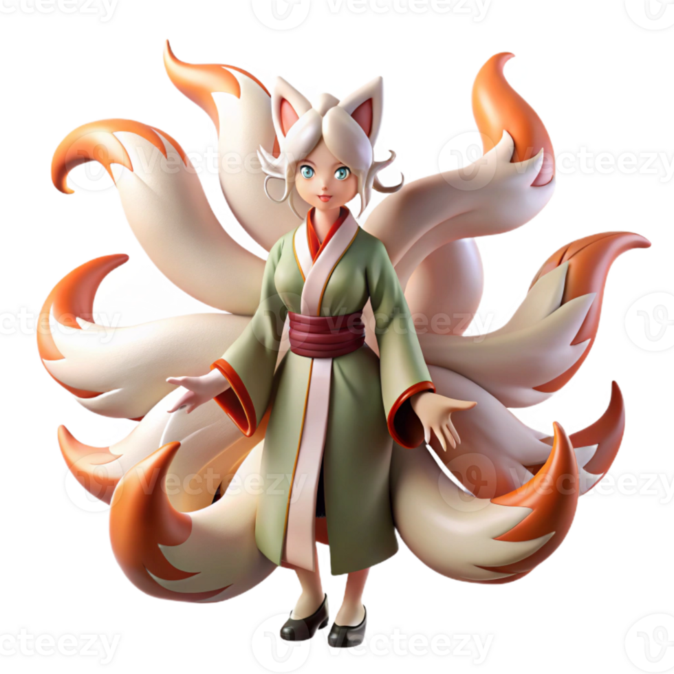 vibrant contemporary A mischievous Kitsune with nine tails of flowing silk, transforming into a beautiful woman, moonlight, ukiyo-e style detailed png