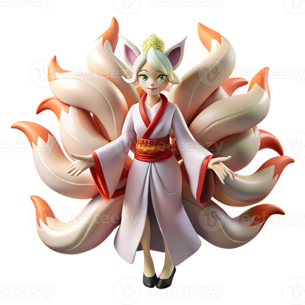 beautiful contemporary A mischievous Kitsune with nine tails of flowing silk, transforming into a beautiful woman, moonlight, ukiyo-e style original png