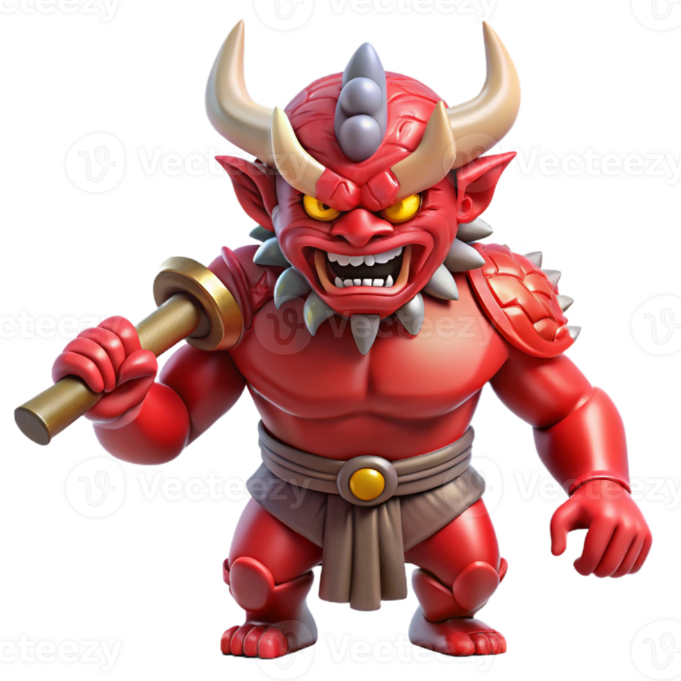 dramatic contemporary A powerful Oni with crimson skin and horns of bone, wielding a giant kanabo club, dramatic spotlighting, Japanese woodblock print style exclusive png