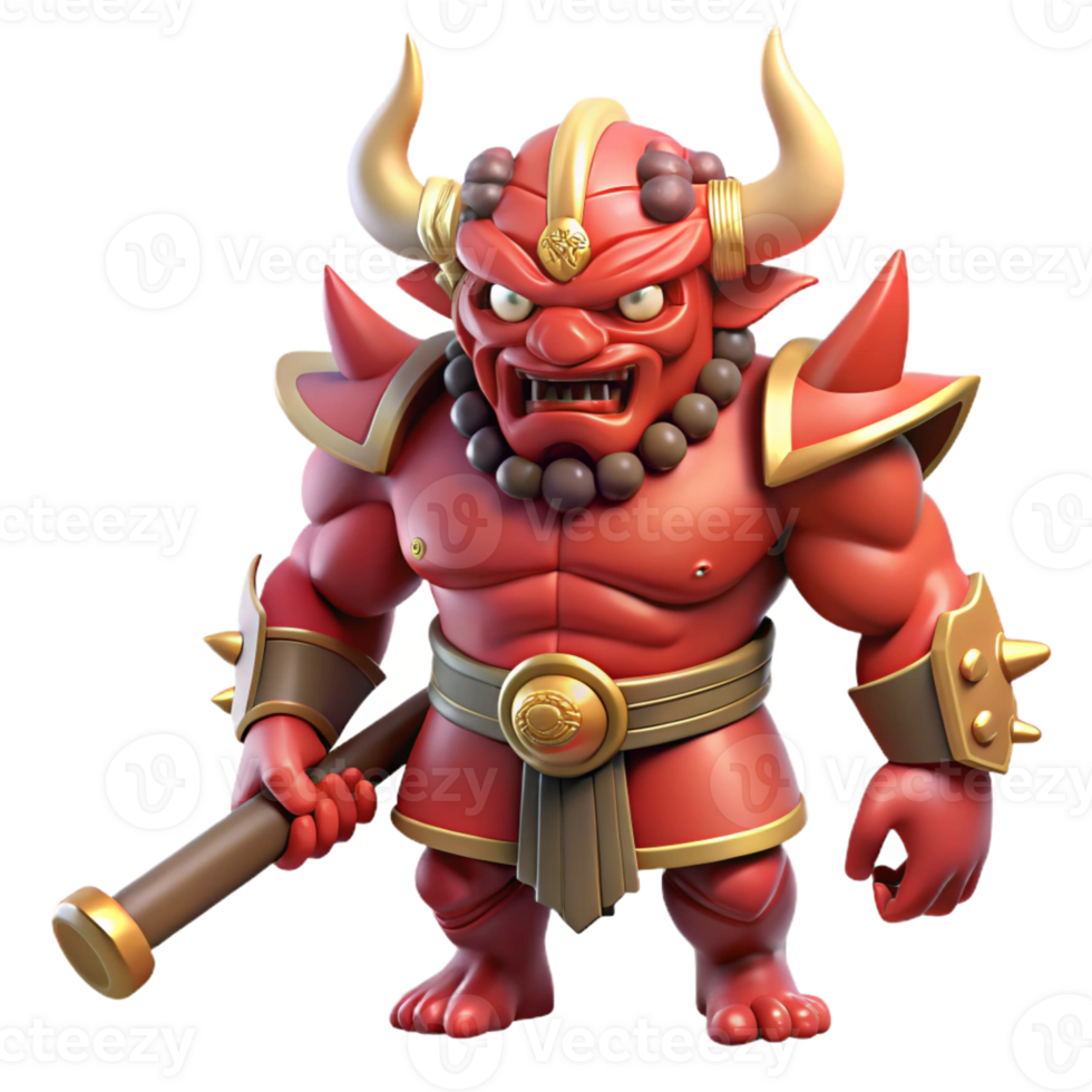 beautiful minimalist A powerful Oni with crimson skin and horns of bone, wielding a giant kanabo club, dramatic spotlighting, Japanese woodblock print style original png