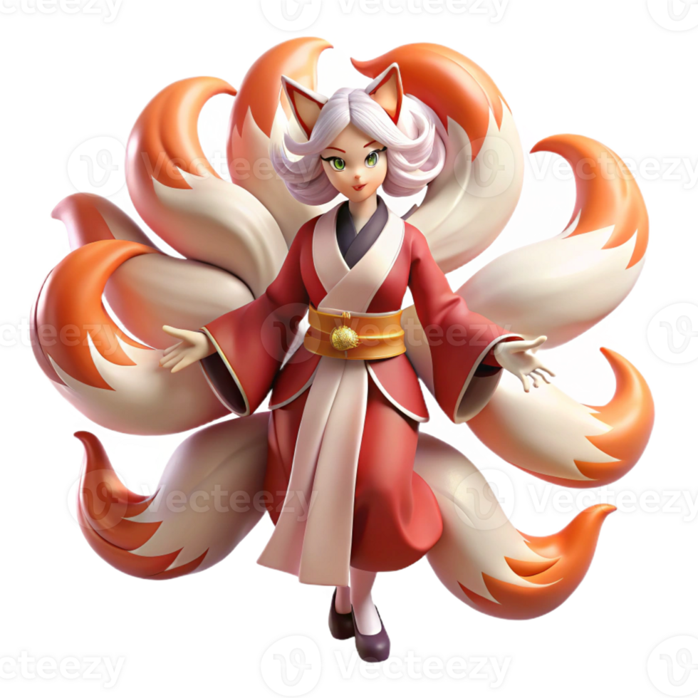 extraordinary creative A mischievous Kitsune with nine tails of flowing silk, transforming into a beautiful woman, moonlight, ukiyo-e style detailed png