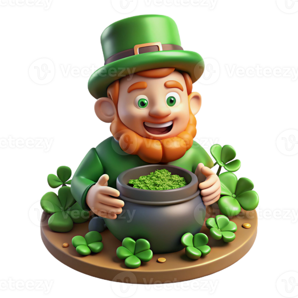 vibrant rustic A mischievous Leprechaun with a pot of gold, hiding amongst a patch of four-leaf clovers, dappled sunlight, Irish folklore art style high resolution png