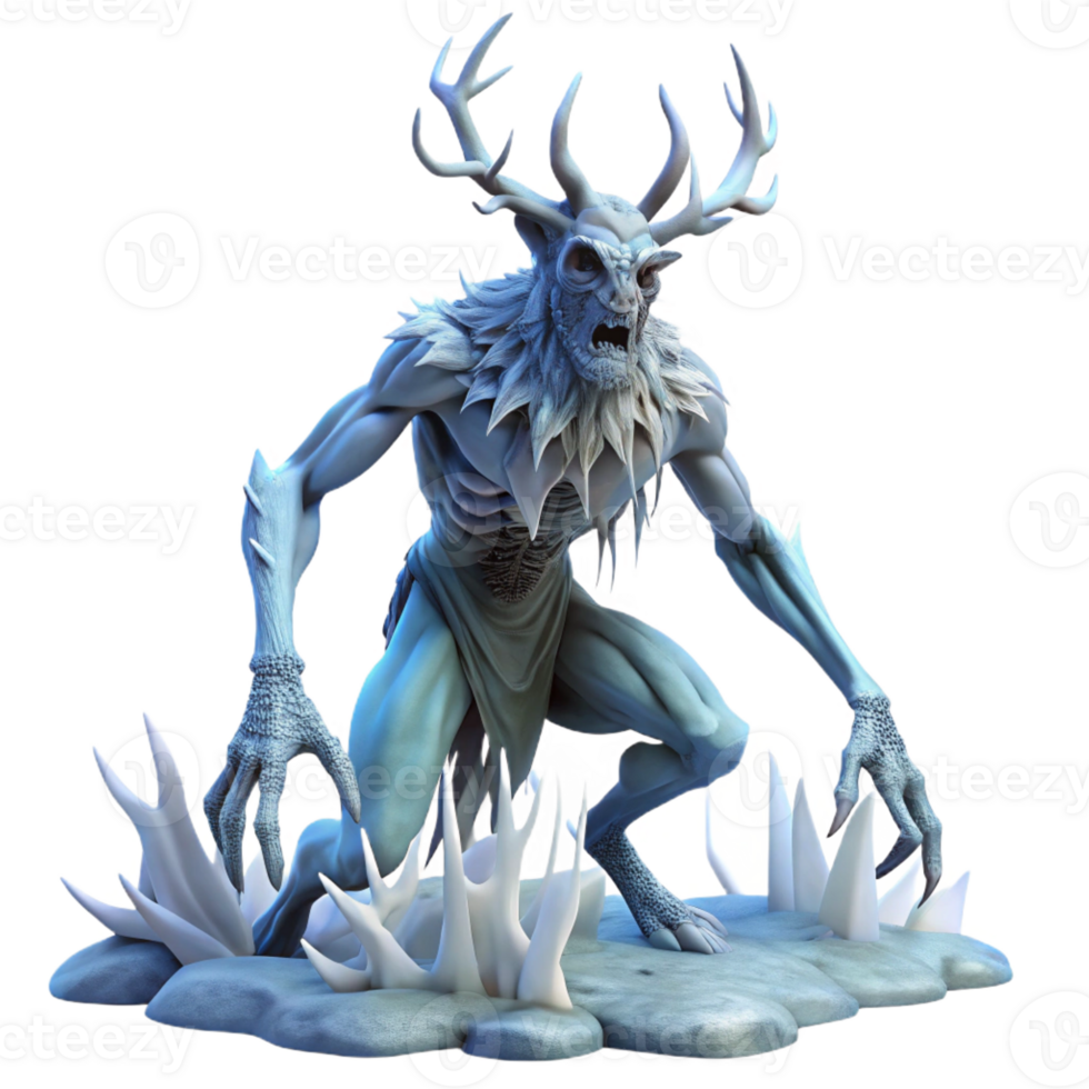 extraordinary contemporary A wise Wendigo with antlers of ice and a skeletal frame, stalking through a snowy forest, moonlight, dark fantasy art style 4K png