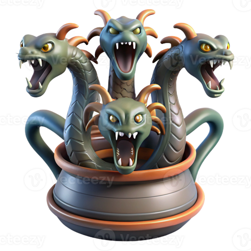 impressive contemporary A fearsome Hydra with multiple serpentine heads, rising from a murky swamp, dramatic backlighting, Greek pottery style authentic png