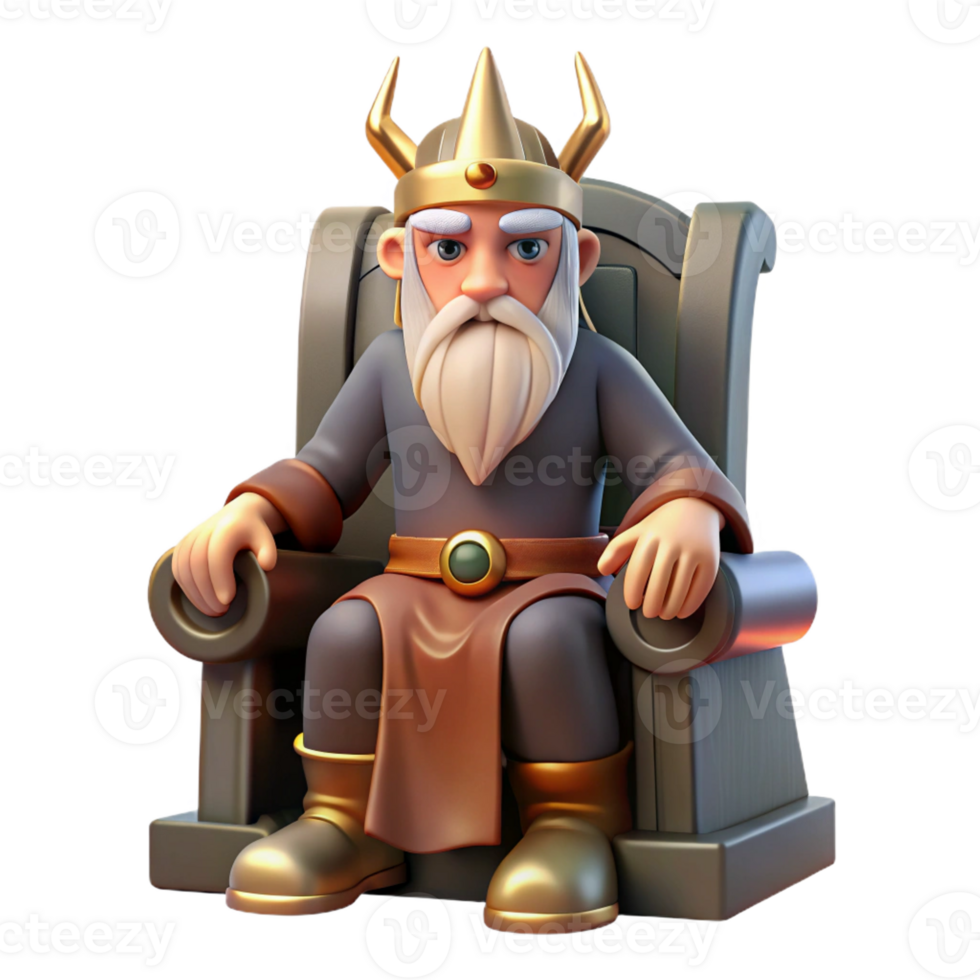 elegant classic A wise Odin with a single eye and flowing beard, perched on his throne in Valhalla, dramatic backlighting, Viking art style detailed png