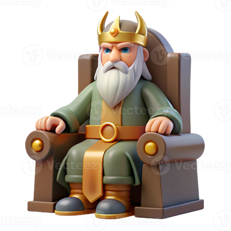 dramatic modern A wise Odin with a single eye and flowing beard, perched on his throne in Valhalla, dramatic backlighting, Viking art style authentic png