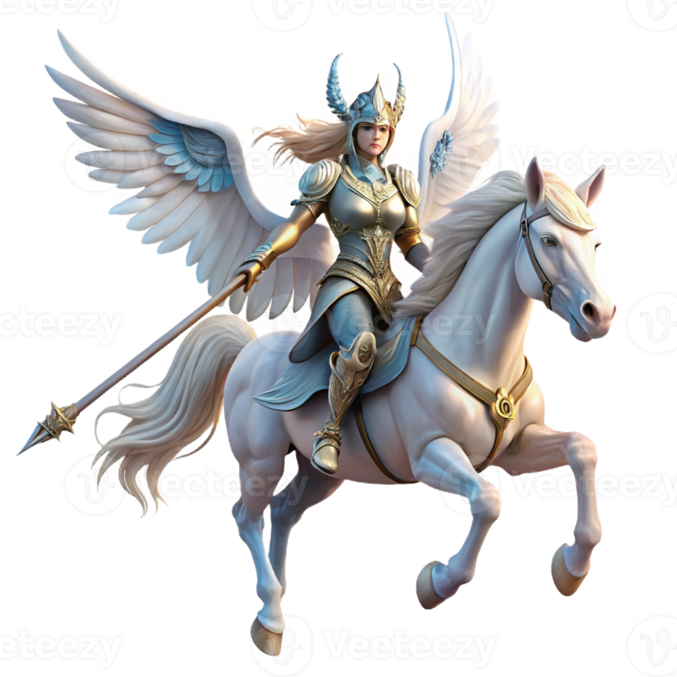 beautiful vintage A powerful Valkyrie with winged helmet and spear, riding a winged horse across the battlefield, ethereal lighting, pre-Raphaelite style authentic png