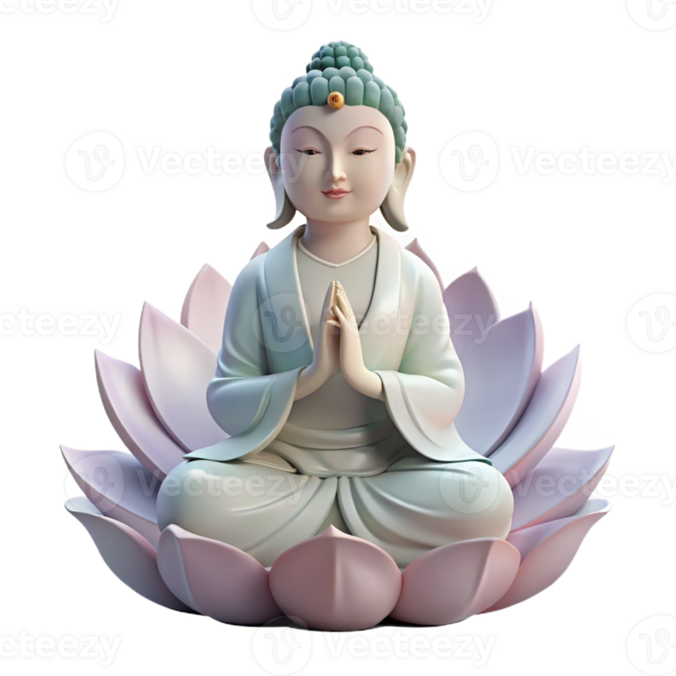 impressive contemporary A wise Guanyin, the Bodhisattva of Compassion, sitting on a lotus flower, soft ethereal lighting, Buddhist art style premium png