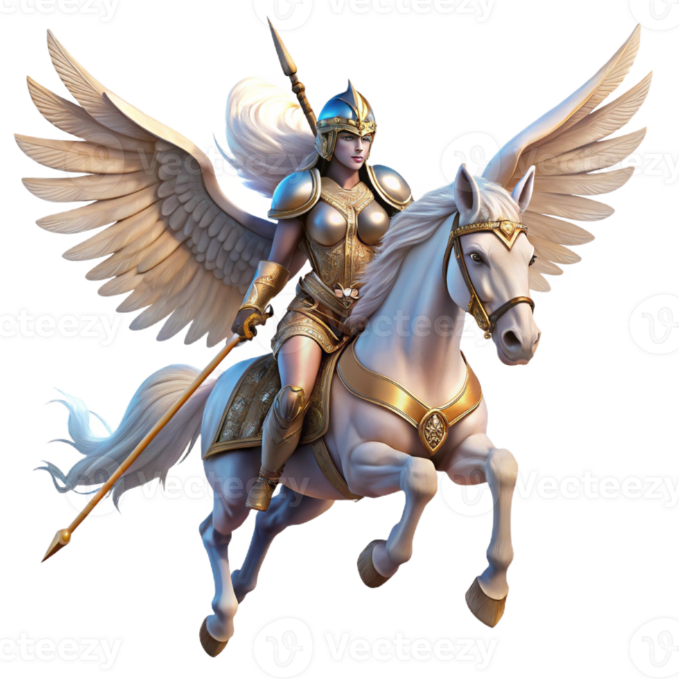 wonderful artistic A powerful Valkyrie with winged helmet and spear, riding a winged horse across the battlefield, ethereal lighting, pre-Raphaelite style premium png