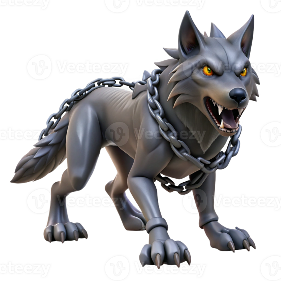 serene artistic A fierce Fenrir, a monstrous wolf bound by chains, struggling against his restraints, dramatic spotlighting, Norse mythology art style genuine png