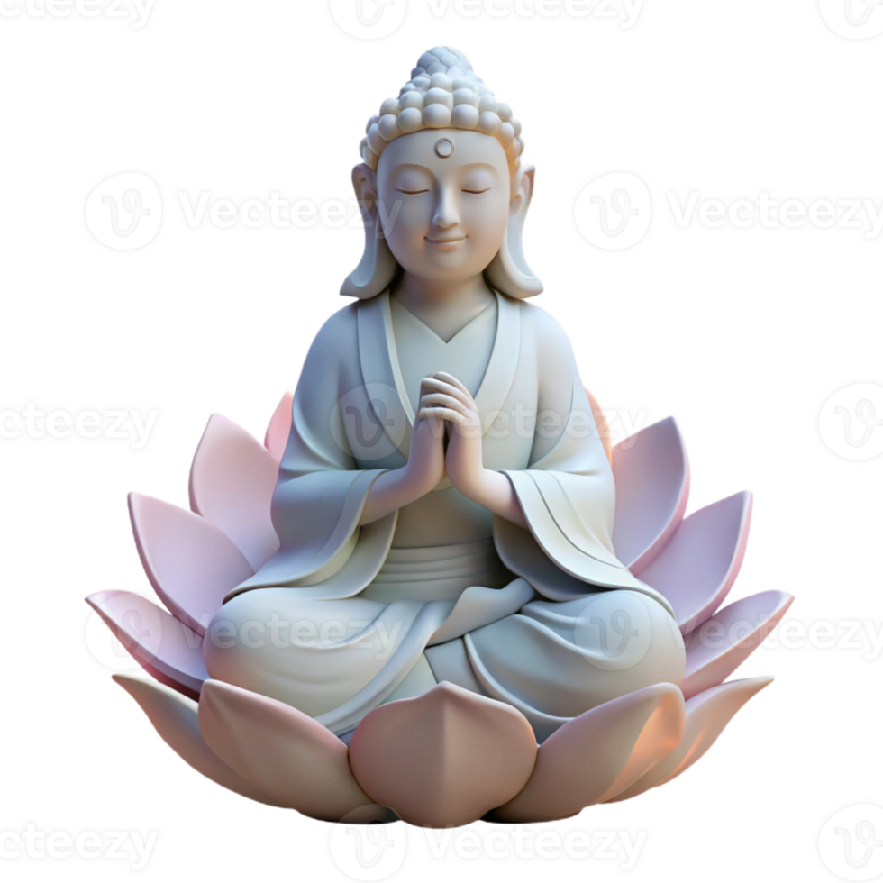 elegant contemporary A wise Guanyin, the Bodhisattva of Compassion, sitting on a lotus flower, soft ethereal lighting, Buddhist art style professional png