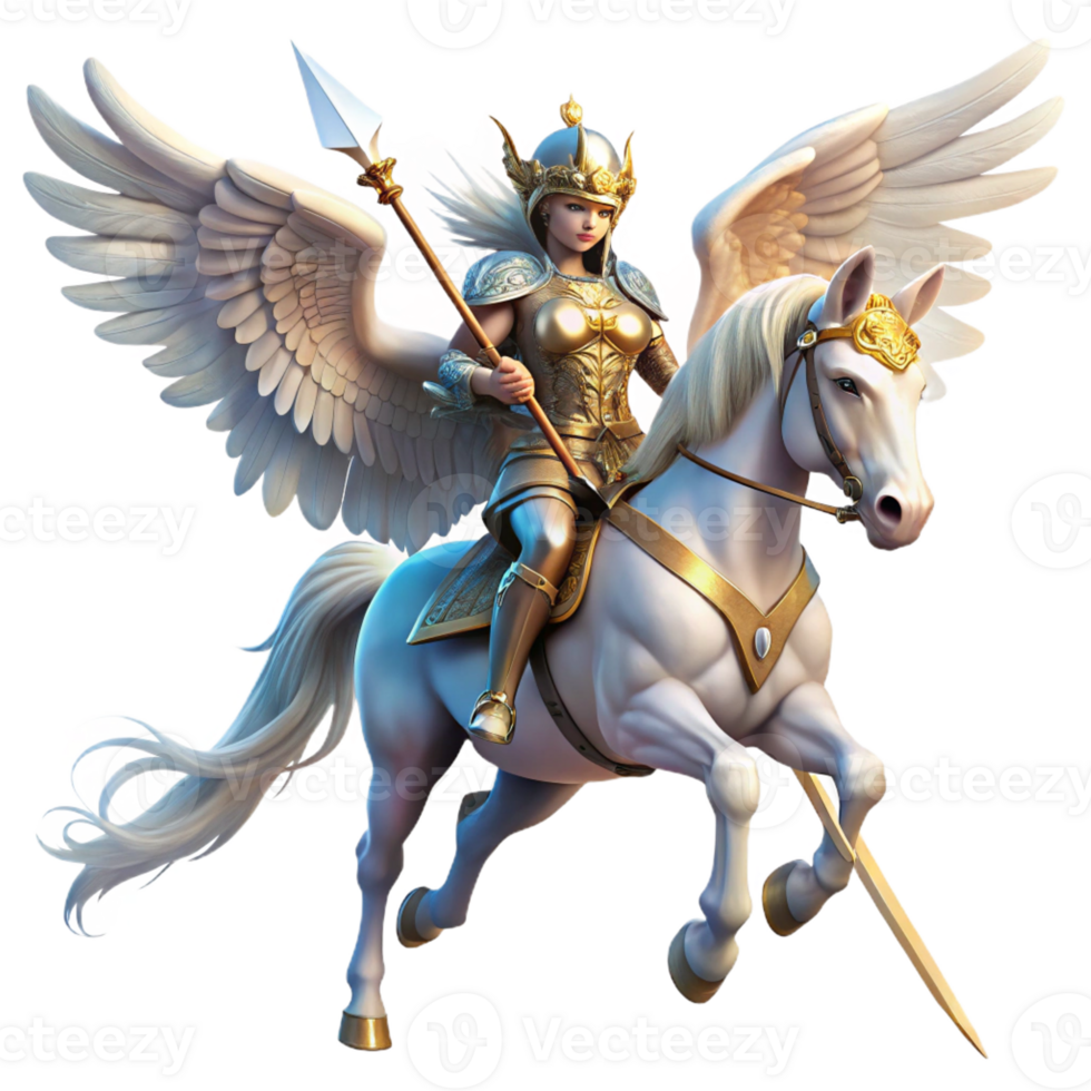 serene modern A powerful Valkyrie with winged helmet and spear, riding a winged horse across the battlefield, ethereal lighting, pre-Raphaelite style professional png