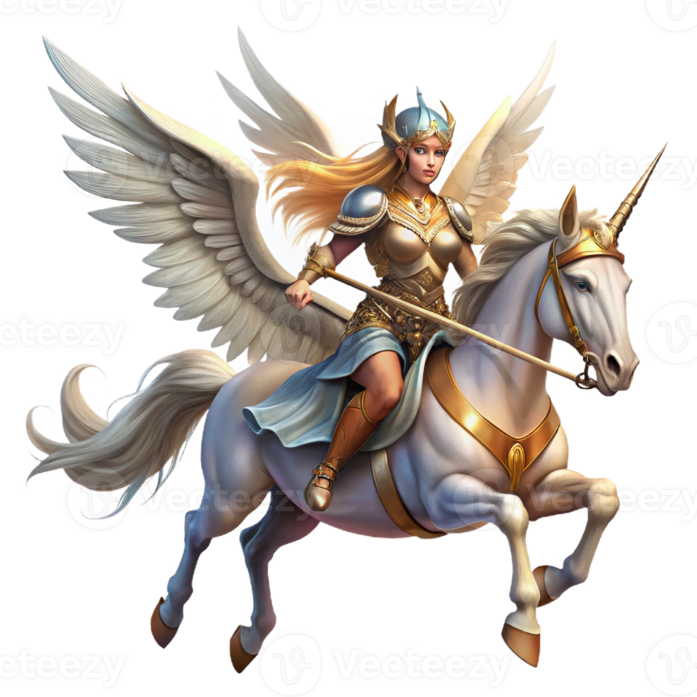 elegant traditional A powerful Valkyrie with winged helmet and spear, riding a winged horse across the battlefield, ethereal lighting, pre-Raphaelite style authentic png