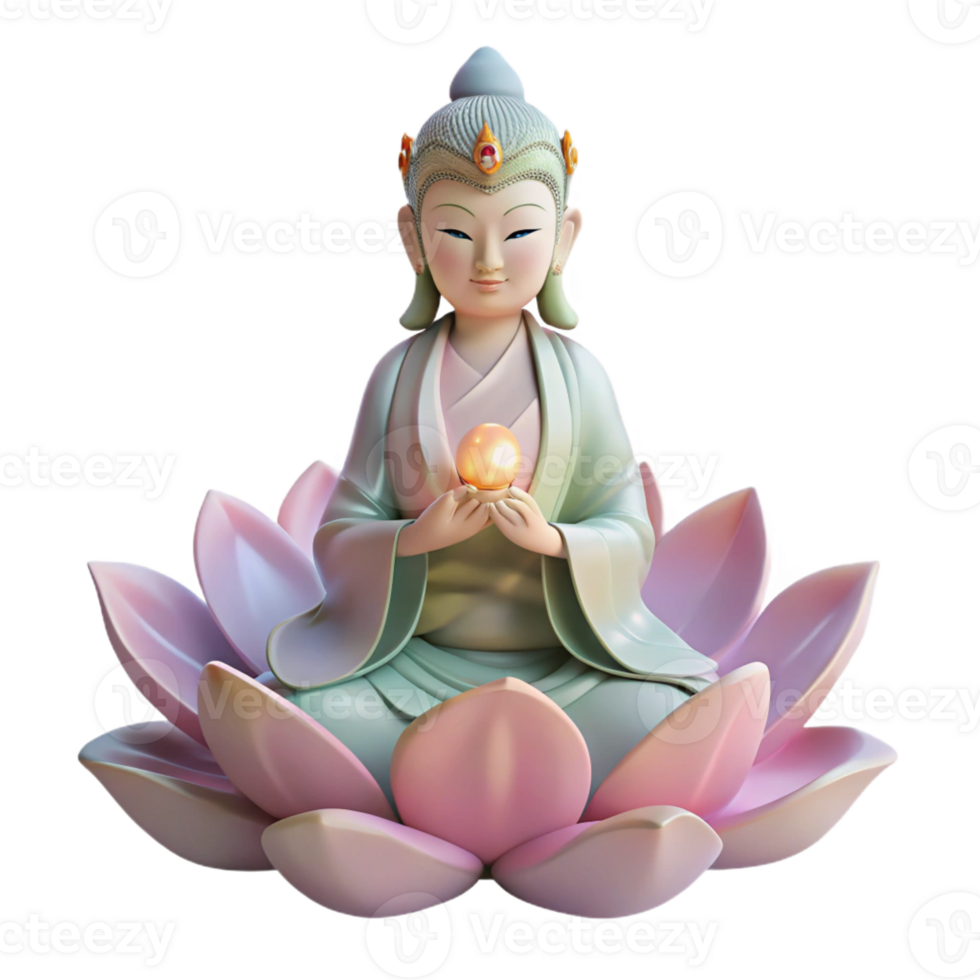 dramatic traditional A wise Guanyin, the Bodhisattva of Compassion, sitting on a lotus flower, soft ethereal lighting, Buddhist art style premium png
