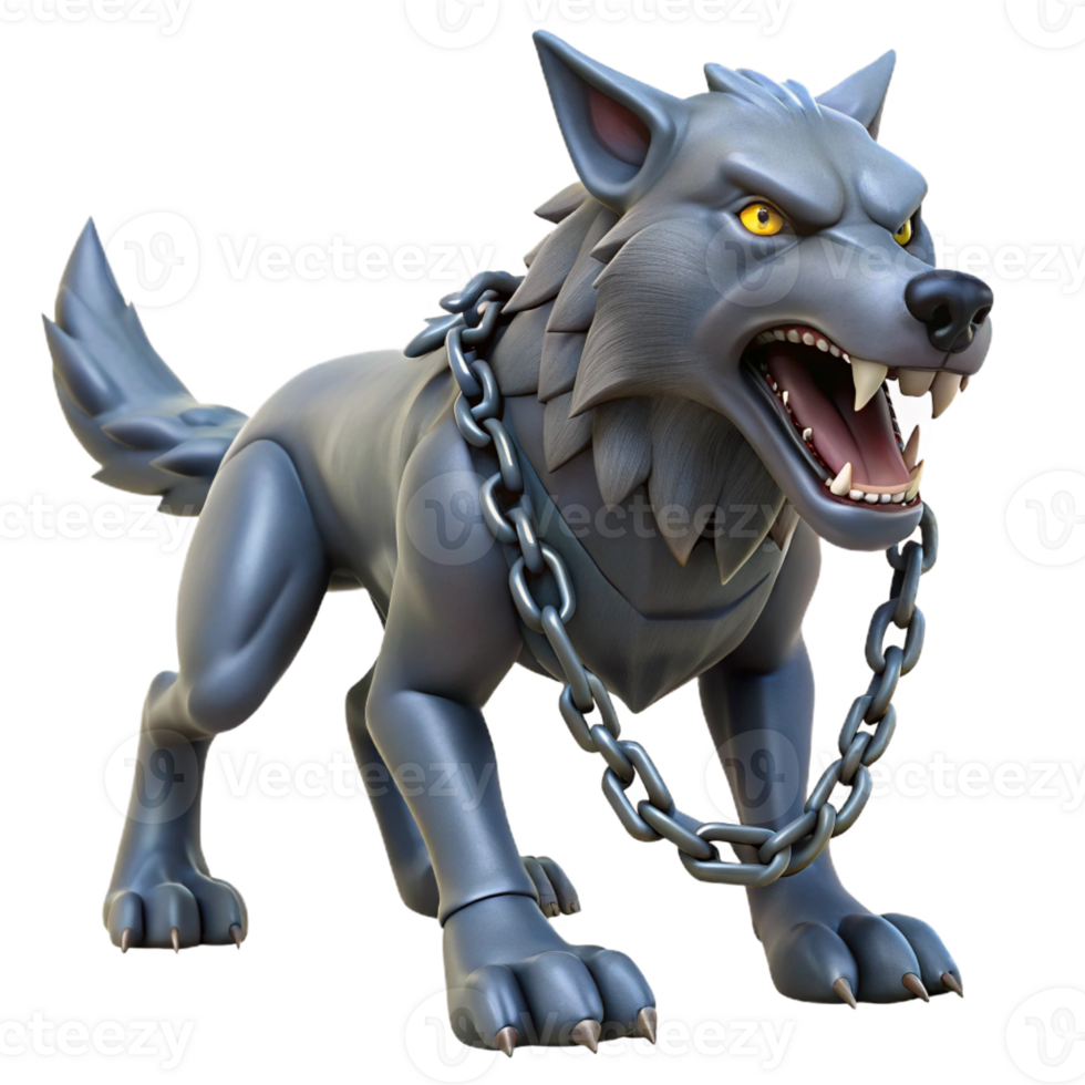 dramatic modern A fierce Fenrir, a monstrous wolf bound by chains, struggling against his restraints, dramatic spotlighting, Norse mythology art style exclusive png