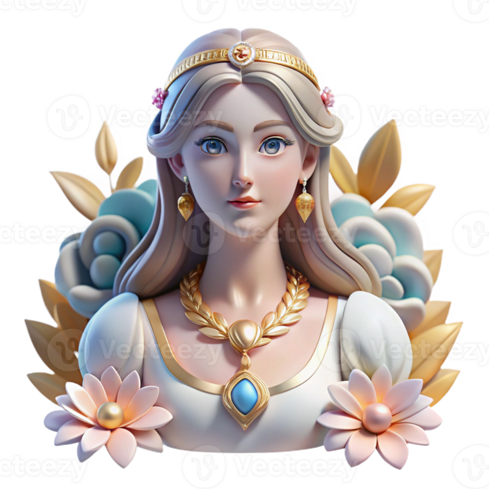 dramatic rustic A graceful Freya with a necklace of jewels, surrounded by blooming flowers, soft diffuse lighting, Art Nouveau style high quality png