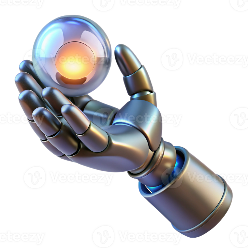 dramatic abstract A chrome robotic hand delicately holding a glowing orb of data, light sourced from the orb creating dramatic shadows, cyberpunk style high resolution png