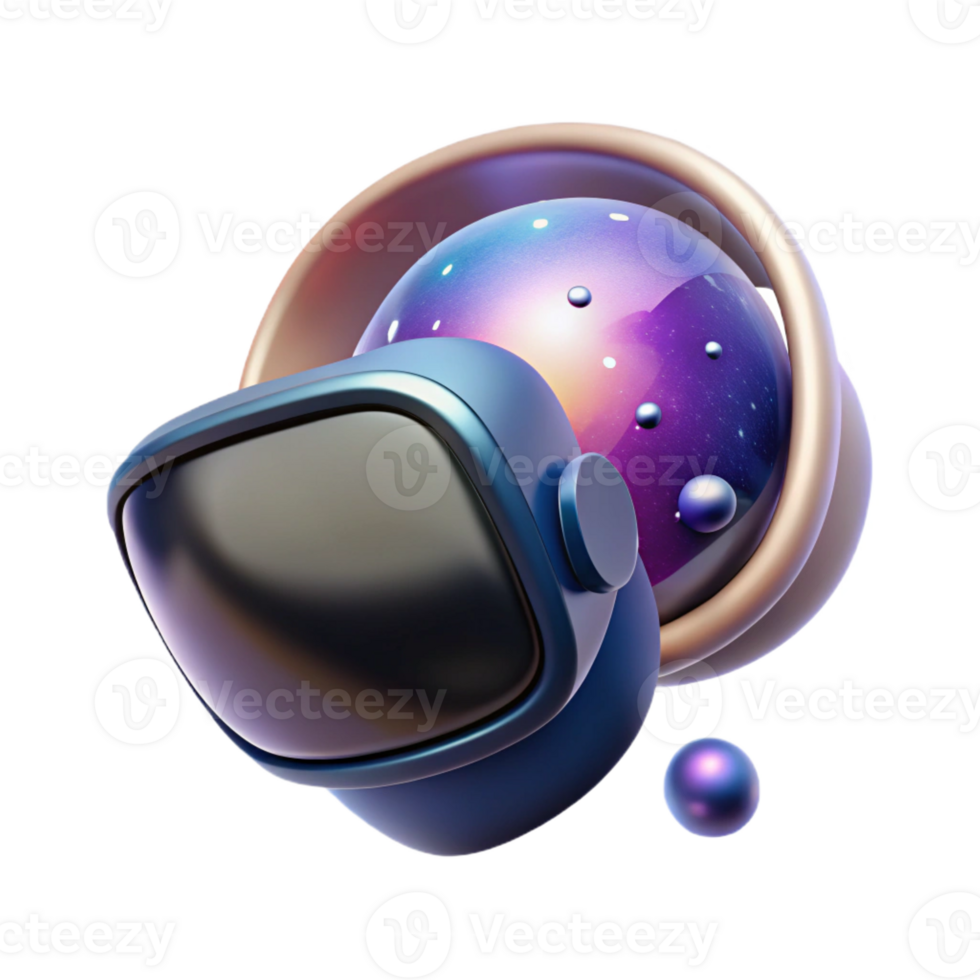 stunning minimalist A single, sleek virtual reality headset floating in space, reflecting a nebula, soft cosmic lighting, surreal style premium png