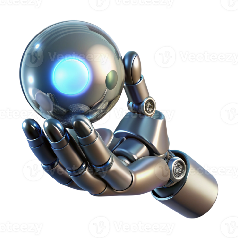 elegant modern A chrome robotic hand delicately holding a glowing orb of data, light sourced from the orb creating dramatic shadows, cyberpunk style detailed png