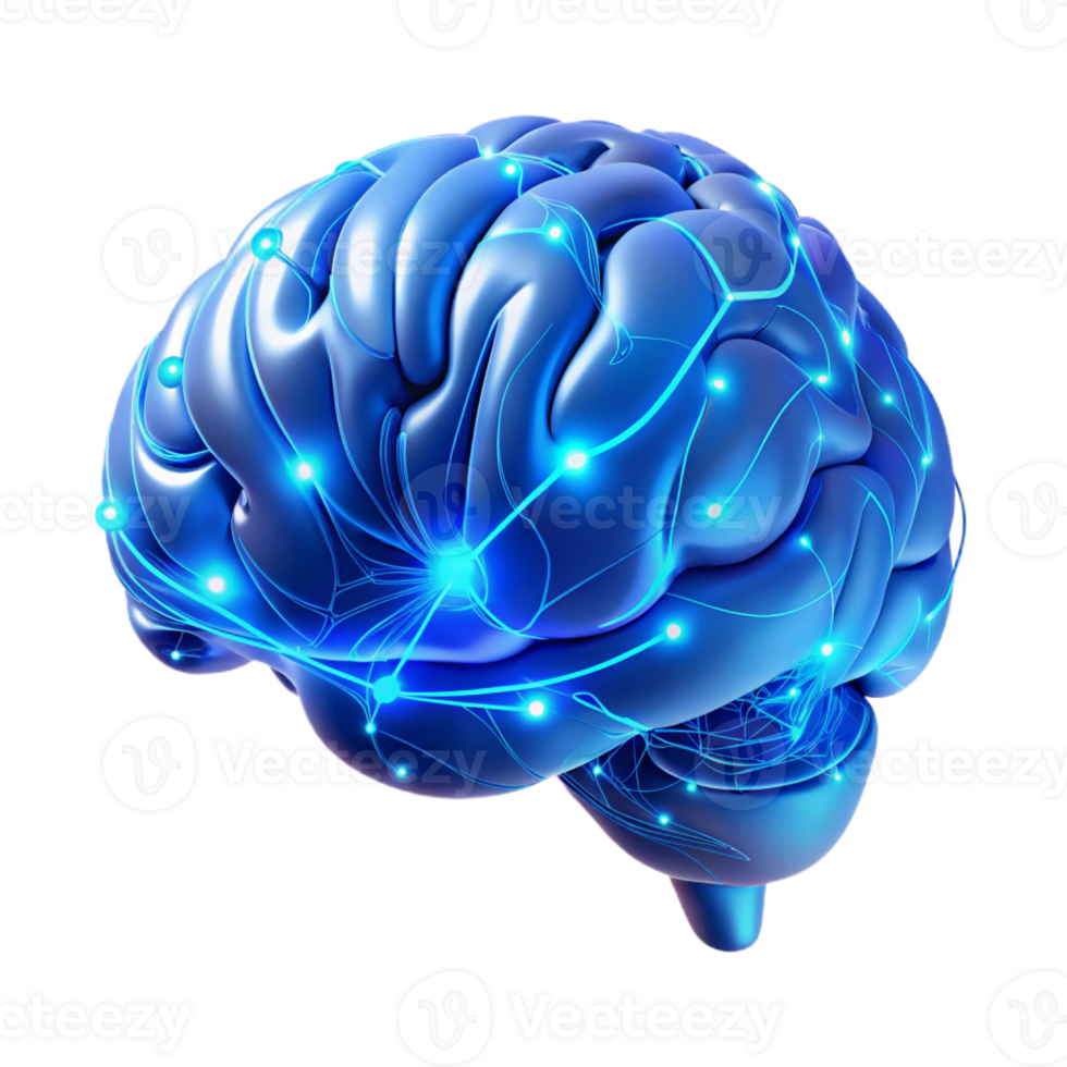 extraordinary rustic A holographic projection of a human brain, intricate neural pathways illuminated with electric blue light, rendered in a futuristic, minimalist style original png