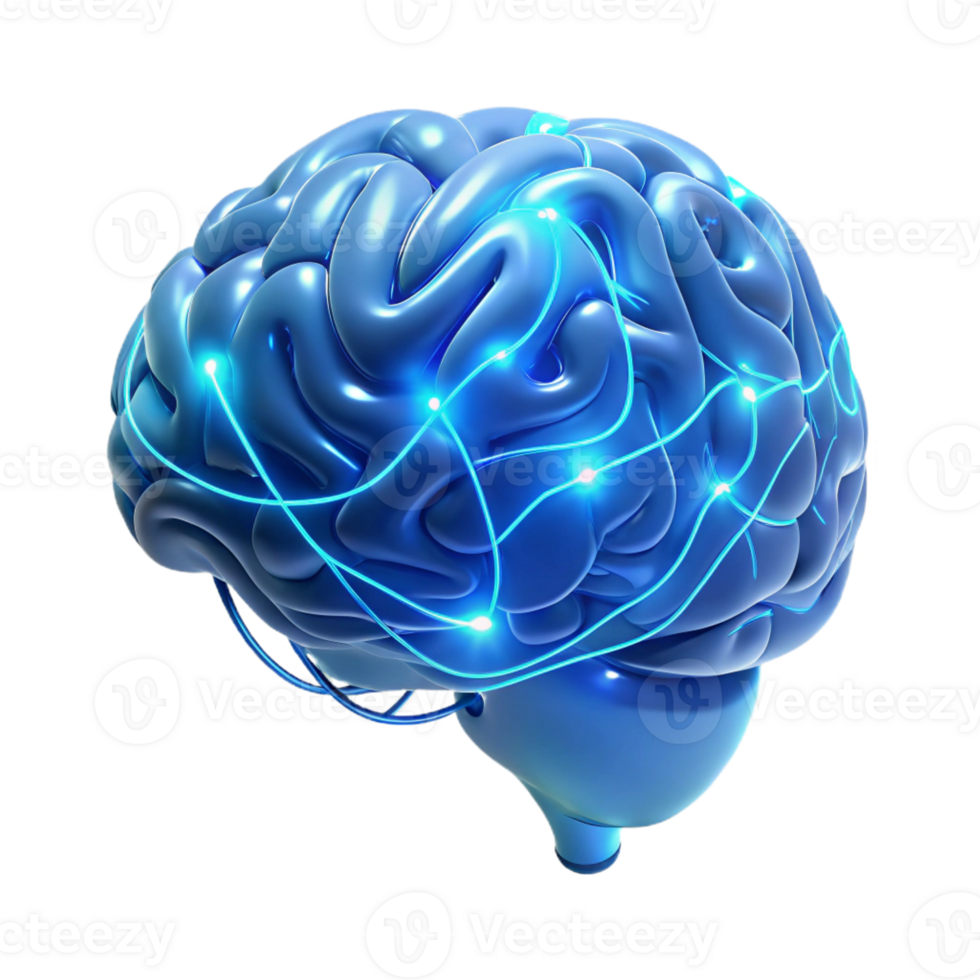 dramatic minimalist A holographic projection of a human brain, intricate neural pathways illuminated with electric blue light, rendered in a futuristic, minimalist style high resolution png