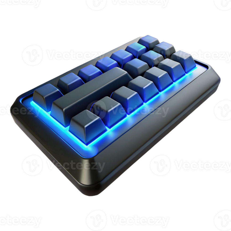 stunning creative A futuristic keyboard with glowing keys, sleek black design, blue backlighting high resolution png