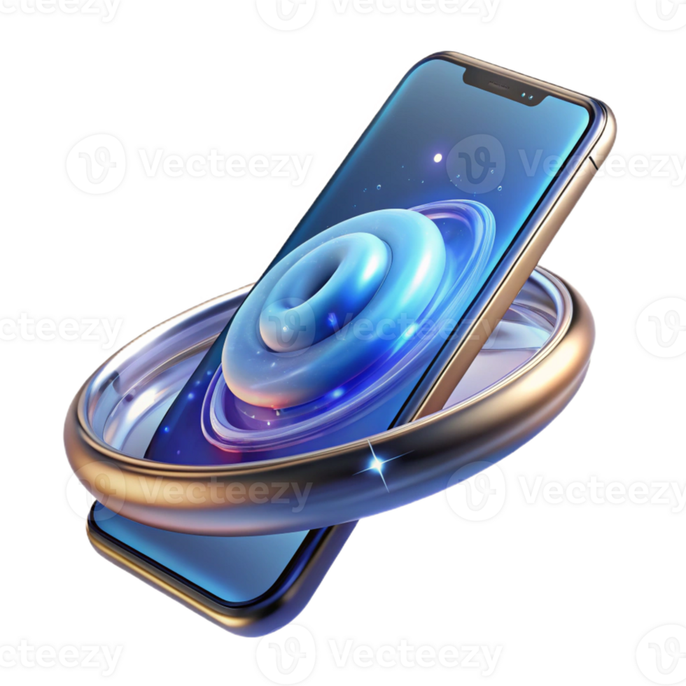 impressive rustic A levitating transparent smartphone displaying a swirling galaxy, internal components visible, futuristic minimalist style original png