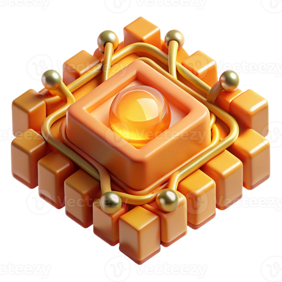 impressive minimalist A quantum computer core radiating energy, intricate geometric patterns glowing with warm orange light, technical illustration style professional png