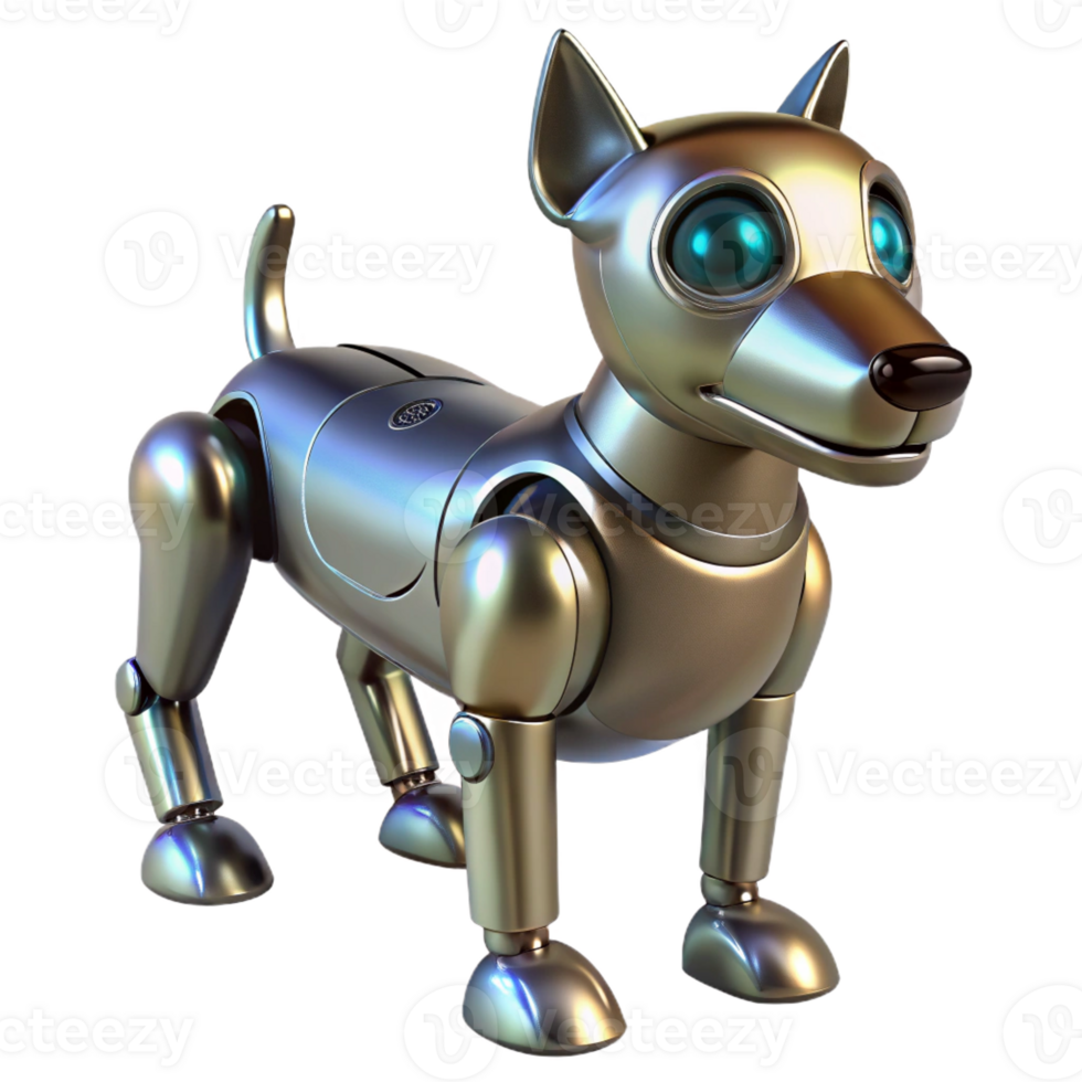 dramatic classic A robotic dog with glowing eyes, metallic finish, sleek design high quality png