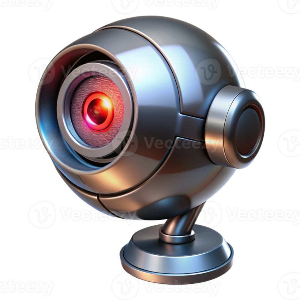 dramatic abstract A futuristic security camera with glowing red eye, sleek design, metallic finish professional png