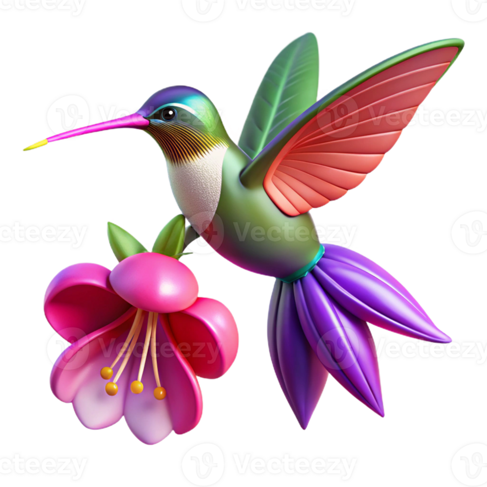 vibrant modern A tiny hummingbird hovering near a vibrant fuchsia flower, macro photography, soft lighting, vibrant style, premium png