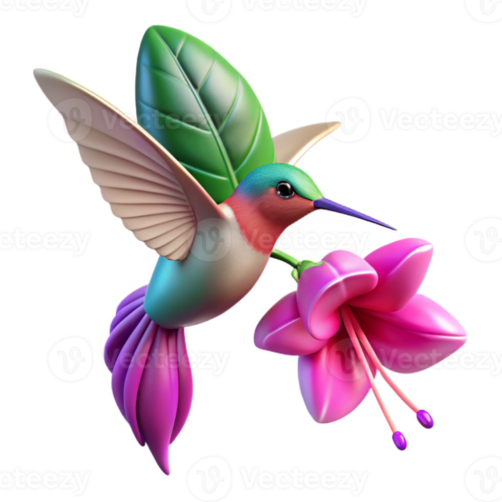 elegant modern A tiny hummingbird hovering near a vibrant fuchsia flower, macro photography, soft lighting, vibrant style, authentic png